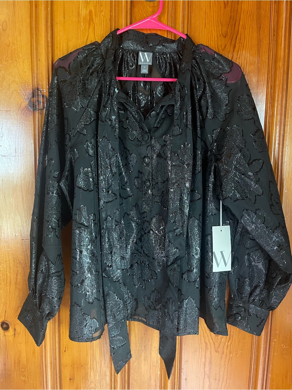 Worthington Black Metallic Floral Tie-Neck Blouse